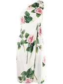 Dolce & Gabbana White Floral Silk One Shoulder Midi Dress