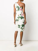 Dolce & Gabbana White Floral Silk One Shoulder Midi Dress