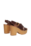 Brown platform sandals with wooden sole on a white background