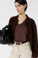 GD V-neck linen T-shirt with lurex - MIRANA - Brown