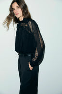 Lace voile shirt with lavaliere collar - LULU - Black