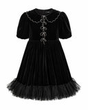 ANOUKI DRESS FLARED SILK VELVET BABY DOLL DRESS WITH CRYSTAL BOWS