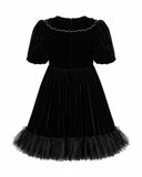 ANOUKI DRESS FLARED SILK VELVET BABY DOLL DRESS WITH CRYSTAL BOWS
