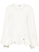 LONG SLEEVE PLEATED BLOUSE OPEN NECK OFF WHITE