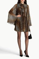 Dolce & Gabbana Brown Leopard Print Scarf Collared Chiffon Dress