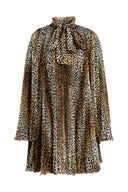Dolce & Gabbana Brown Leopard Print Scarf Collared Chiffon Dress